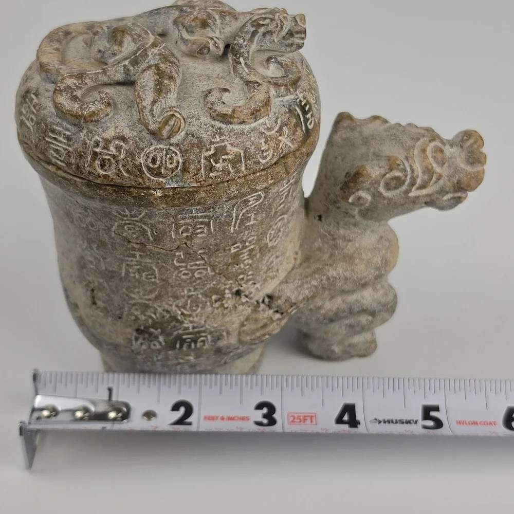 Chinese Carved Stone Gong Vessel Han Dynasty Style Dragon Lid Archaic READ